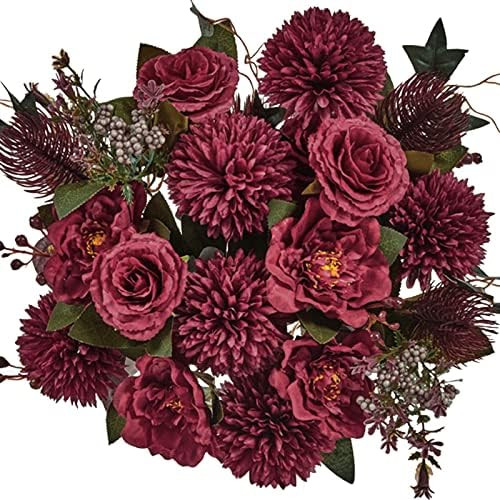 24 Heads Premium Artificial Flowers, Burgundy Silk Flower Peony Bouquets, Fake Flowers Roses Bulk... | Amazon (US)