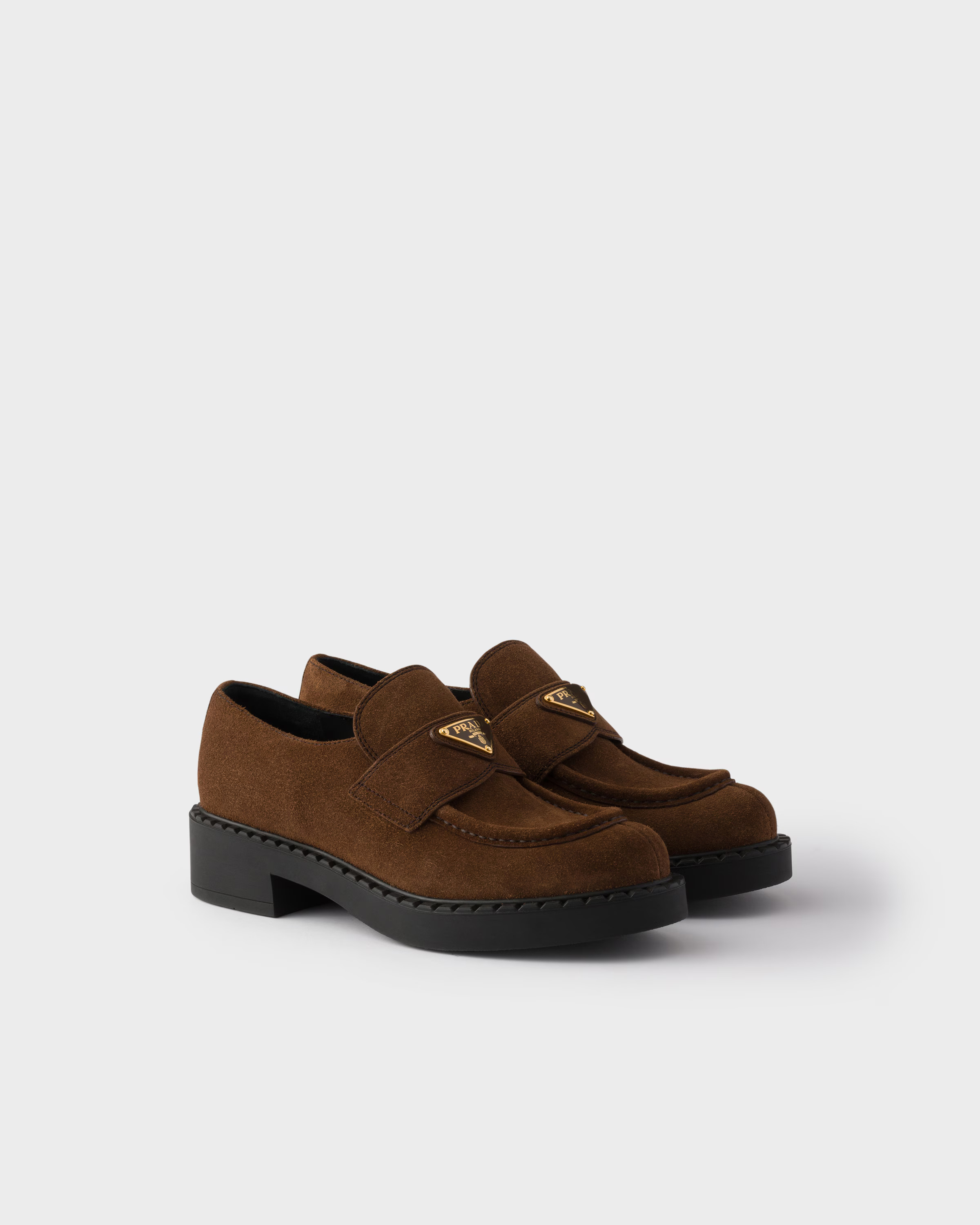 Chocolate suede loafers | Prada UK