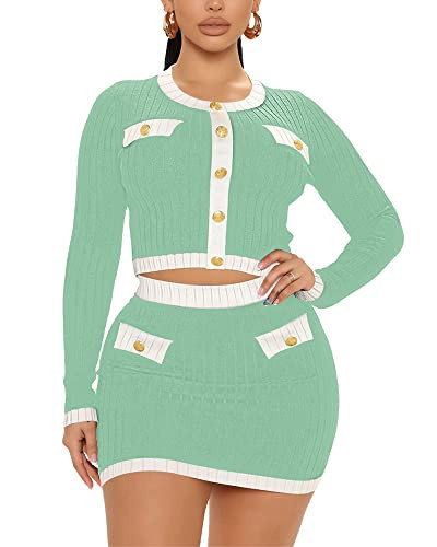 Skirt Sets Women 2 Piece Outfits Sexy Long Sleeve Button Decorative Ribbed Crop Top Bodycon Mini Dress Sets Club Night Green L | Amazon (US)
