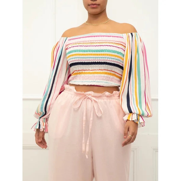 ELOQUII Elements Women's Plus Size Printed Smocked Off The Shoulder Top - Walmart.com | Walmart (US)