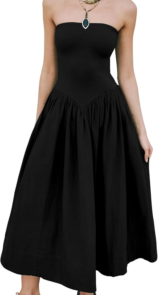 Womens Strapless Maxi Dress Summer Drop Waist A Line Flowy Solid Elegant Party Wedding Tube Top S... | Amazon (US)