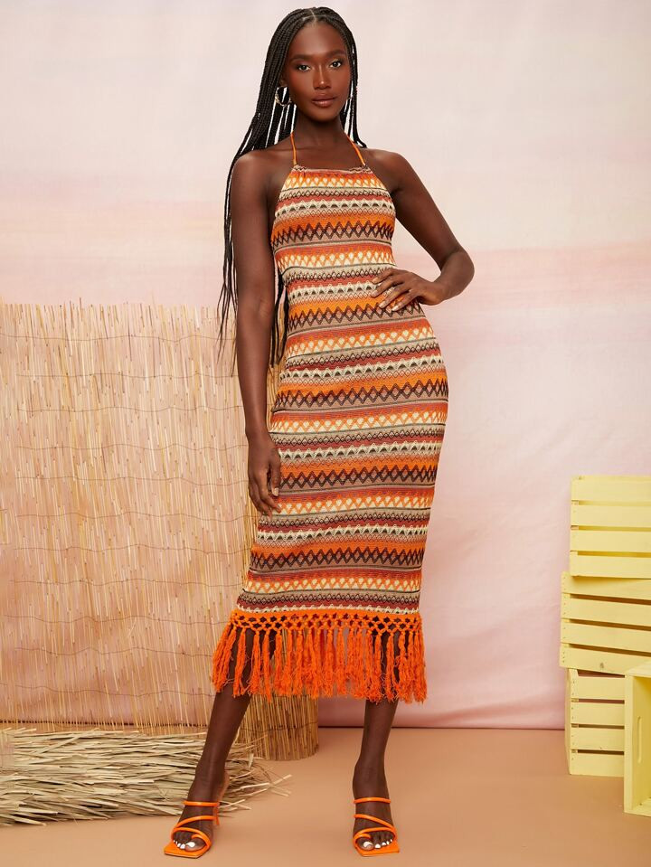 SHEINNeu Geo Pattern Fringe Hem Tie Backless Halter Dress | SHEIN
