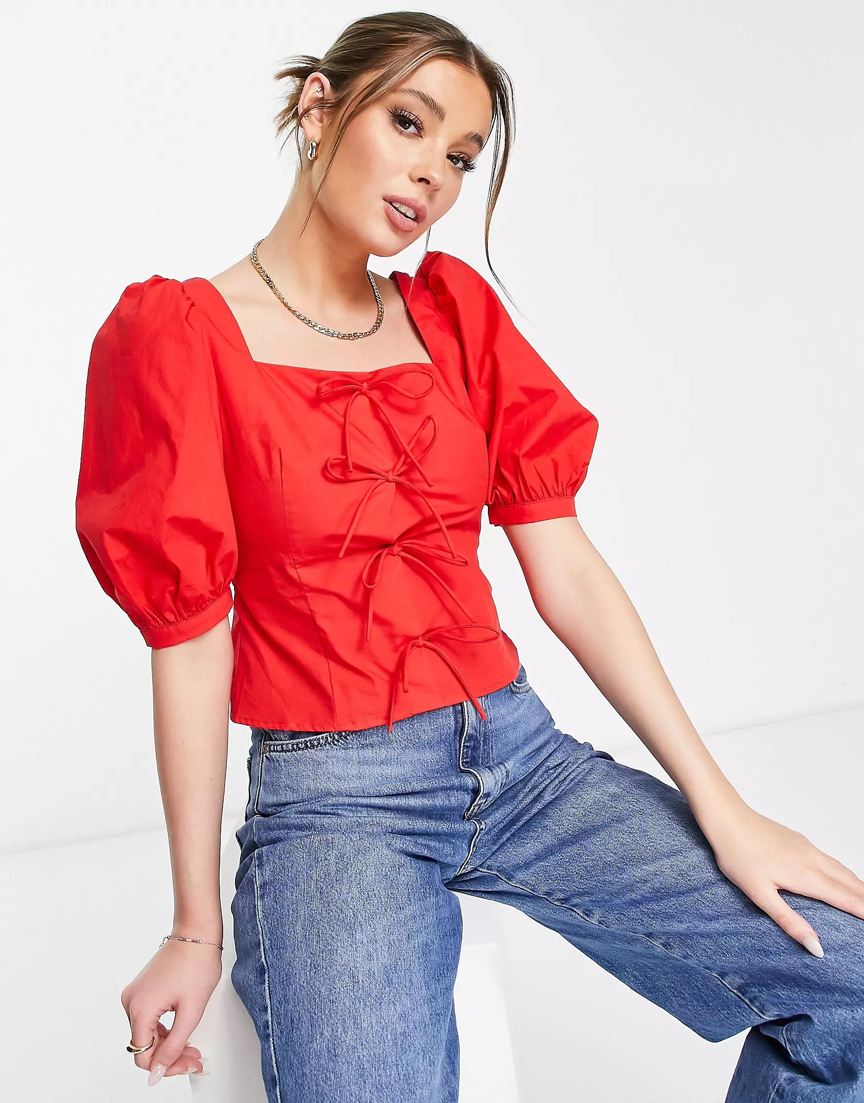 Urban Revivo square neck blouse in red | ASOS (Global)