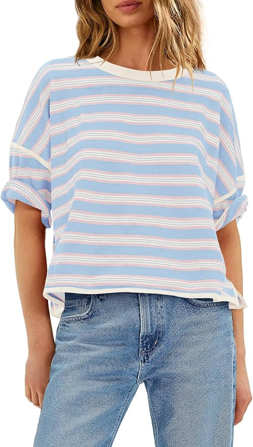 Panadila Womens Striped Shirt Short Sleeve Tops Summer Casual Oversized Tshirts Crew Neck Boxy Te... | Amazon (US)