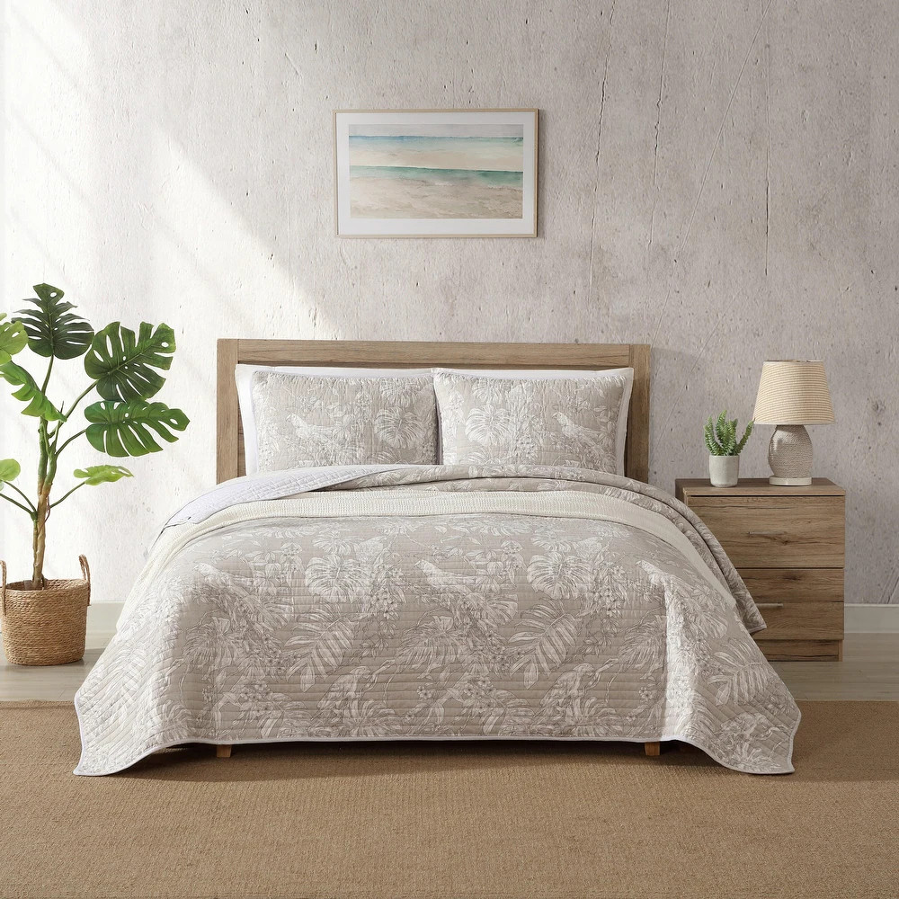 Tommy Bahama Jungle Toile Bird And Leaf Print Reversible Quilt (Beige, 3 Piece Set) - Queen | Bed Bath & Beyond