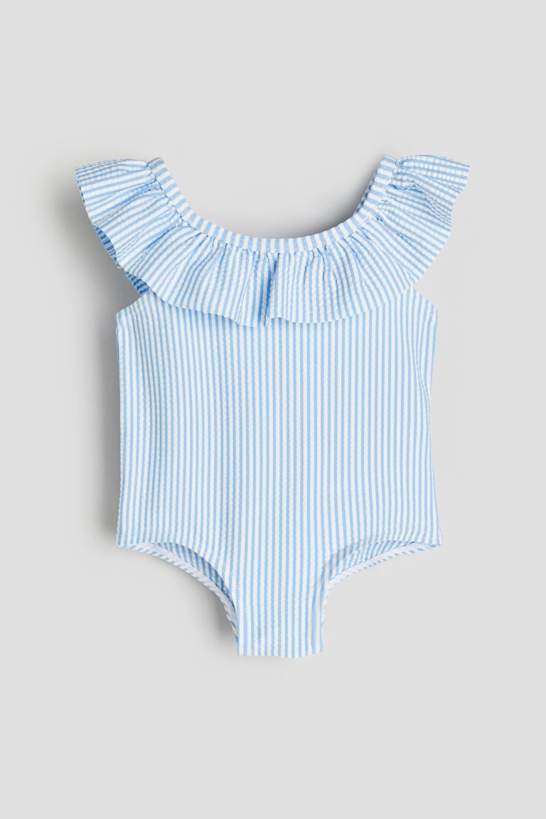Flounce-trimmed Swimsuit - Round Neck - Sleeveless - Light blue/striped - Kids | H&M US | H&M (US + CA)