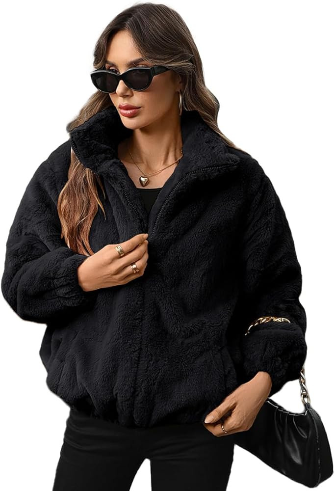 Women's Faux Fur Lapel Fashion Short Fluffy Zip Up Jackets Fall Winter Cropped Warm Coat | Amazon (US)