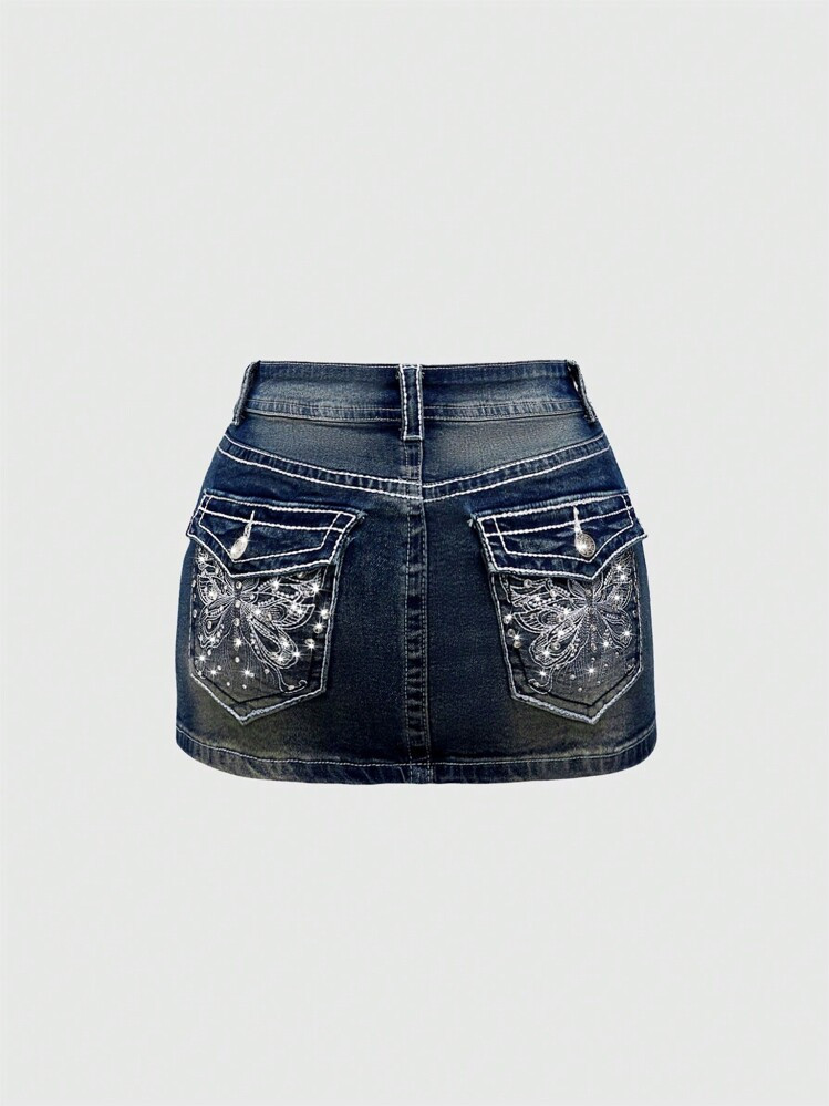 ROMWE J-Fashion Y2K Vintage Low-Waist Butterfly Embroidered Adjustable Contrast Color Denim Mini Skirt For Women | SHEIN