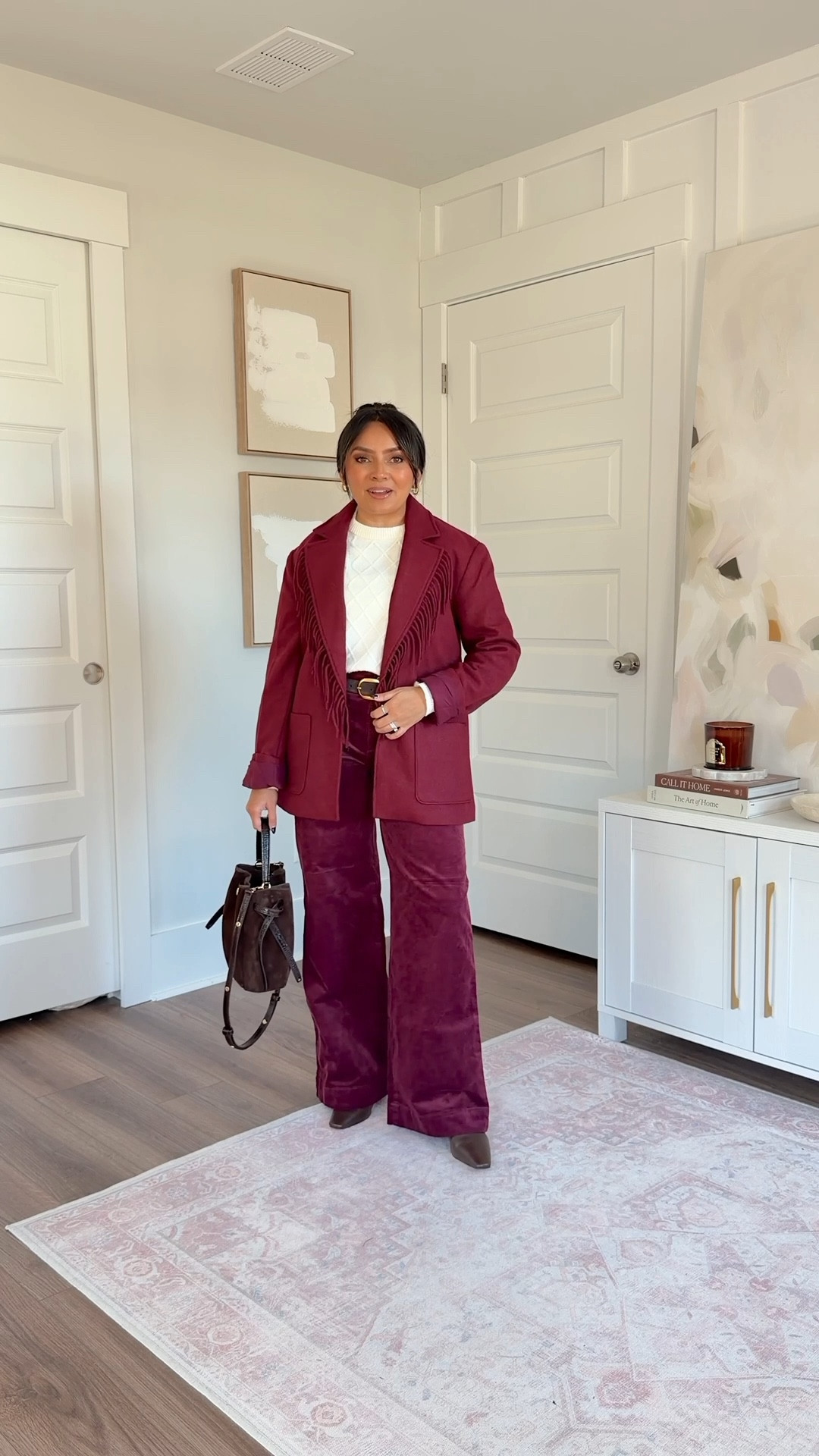 Burgundy pome fruit fringe lapel jacket blazer size xxs regular TTS
Cream sweater size xs TTS
Garnet burgundy corduroy pants size 0 regular - i went with the regular length for a longer pant but it does come in petite!
Dark brown leather boots size 5.5 TTS


#LTKHoliday #LTKPetite #LTKGiftGuide