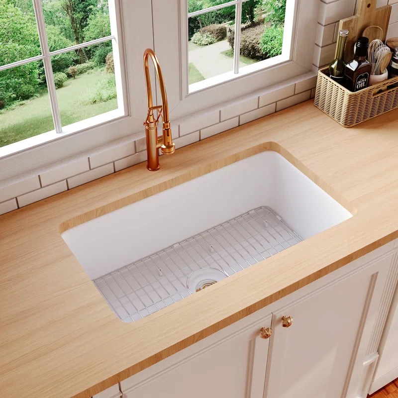 DV-1K513 Rectangular Fireclay 32" L x 19" W Fireclay Undermount Kitchen Sink with Basket Strainer... | Wayfair North America