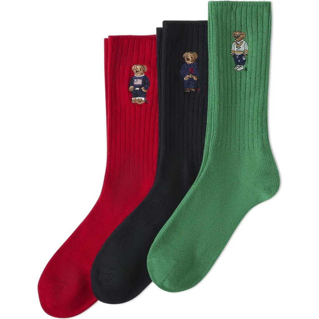 Polo Ralph Lauren Assorted 3-Pack Embroidered Polo Bear Crew Socks in Nvast at Nordstrom | Nordstrom
