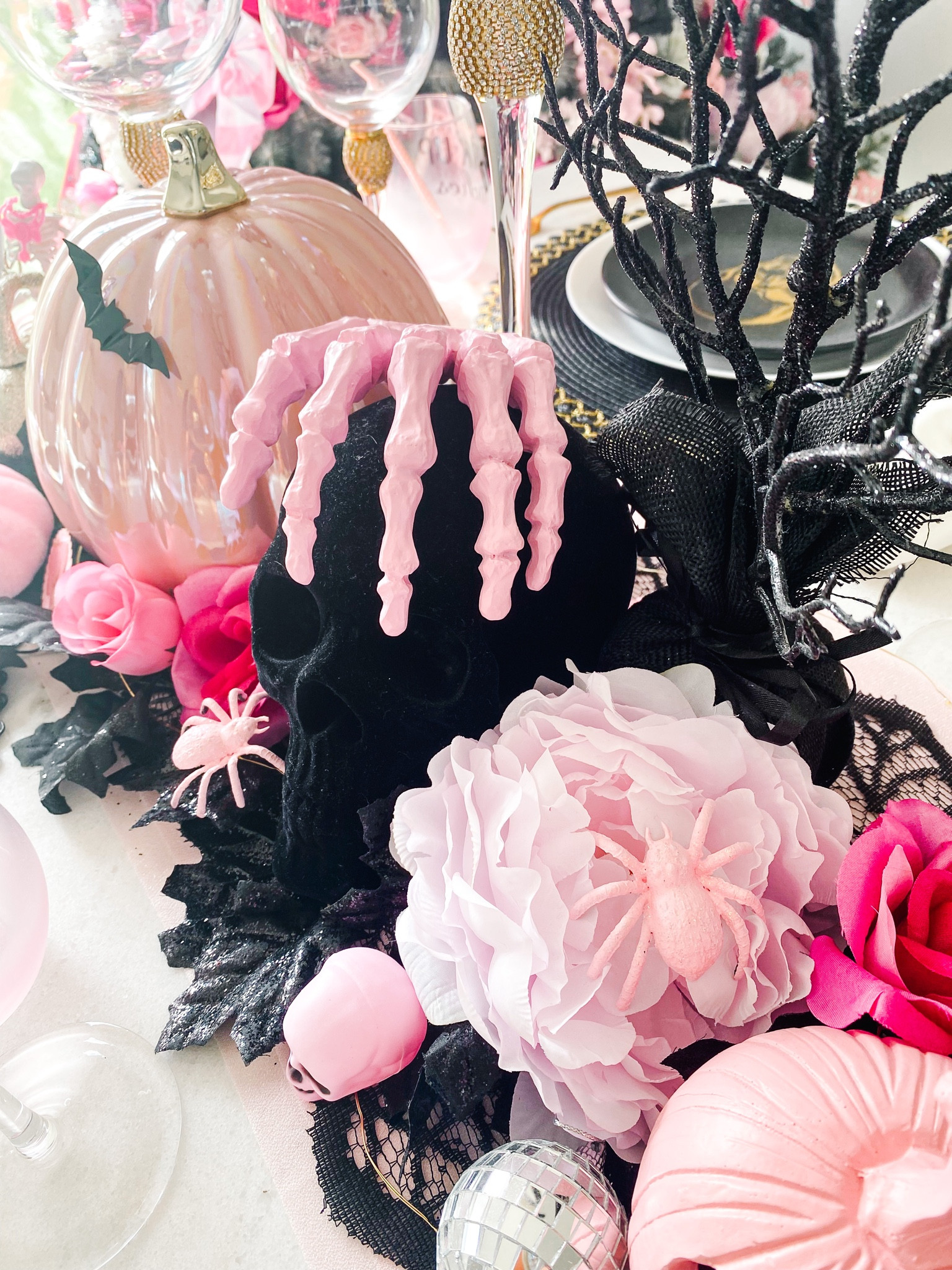 A sneak peek of my “Barbieween” inspired tablescape! 💀🌸💕🖤