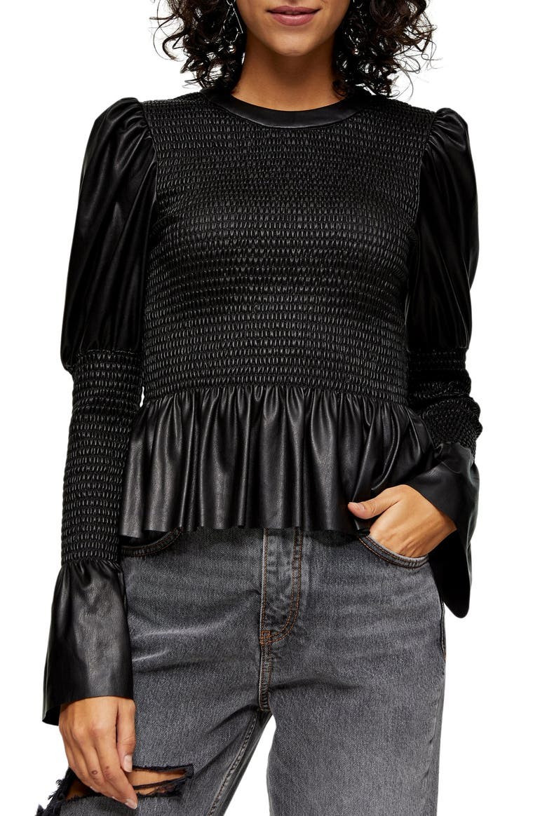Faux Leather Smocked Peplum Blouse | Nordstrom