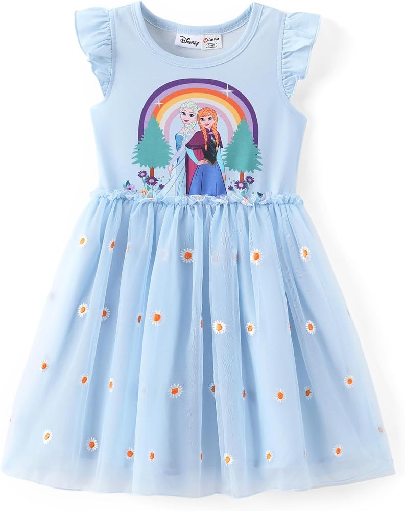 Disney Princess Frozen Elsa Minnie Stitch Toddler Girl Tulle Tutu Dress Ruffle Sleeve Mesh Summer... | Amazon (US)