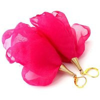 Hot Pink Earrings, Flower Long Dangle Fabric Feather Gold Plated Ethereal Earrings | Etsy (US)