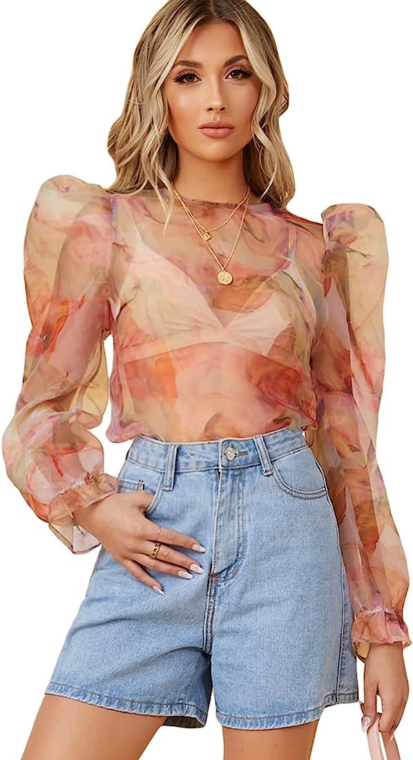 Floerns Women's All Over Print See Through Ruffle Gigot Long Sleeve Blouse Top | Amazon (US)