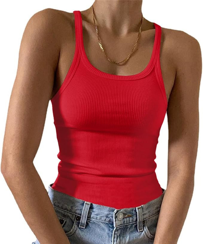Artfish Women's Sleeveless Tank Top Form Fitting Scoop Neck Ribbed Knit Basic Cami Shirts | Amazon (US)