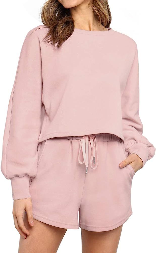 Women's Summer Two Piece Pajamas Set Casual Short Sleeve Crop Top and Shorts Sleepwear Sweatsuit ... | Amazon (US)