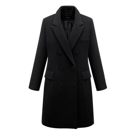 Women s Double Breasted Pea Coat Lapel Collar Winter Classic Felt Long Jacket 3XL Black | Walmart (US)