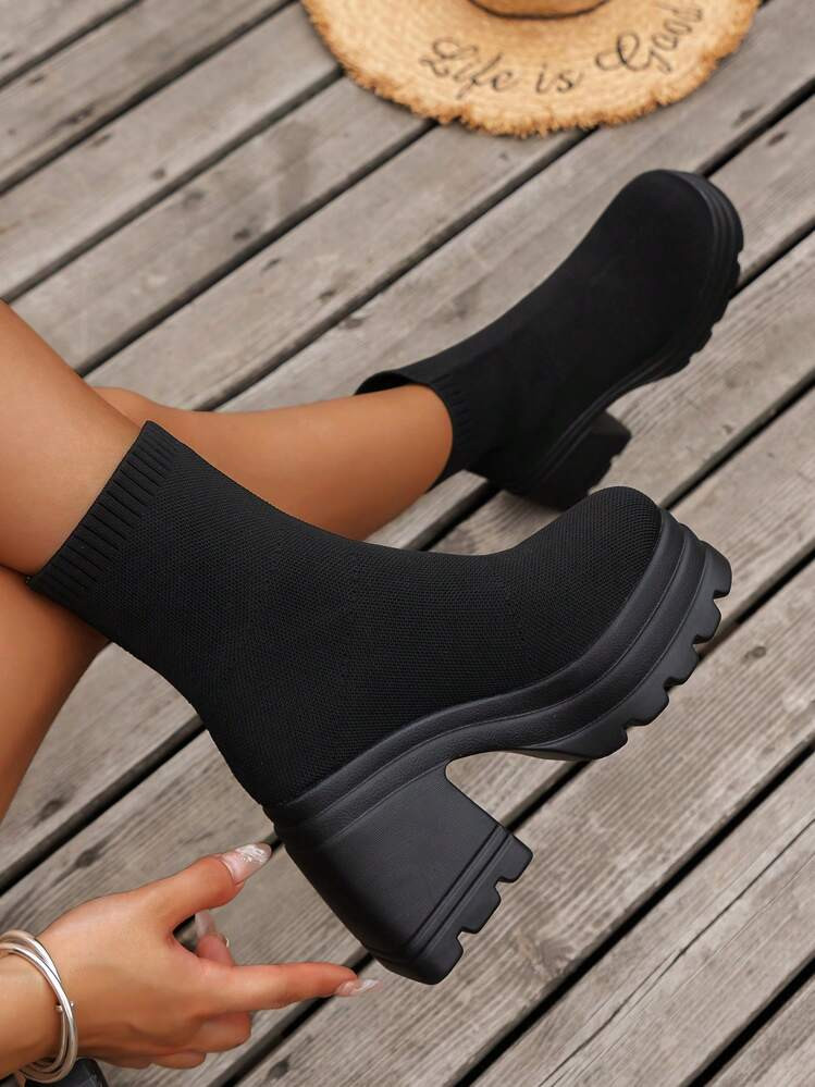 Fall/Winter 2025 Perfect With Pants,Women's Casual Knitted Platform Elastic Ankle Boots With Swea... | SHEIN