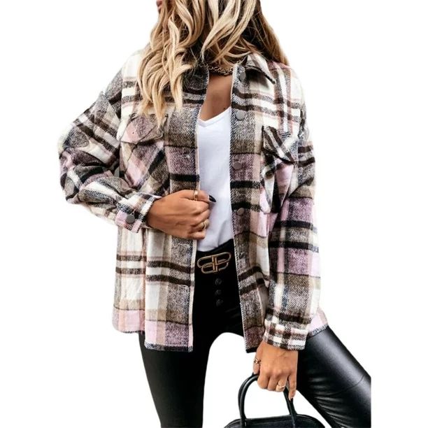 Lazybaby Womens Casual Plaid Wool Blend Button Down Long Sleeve Shirt Jacket Shackets - Walmart.c... | Walmart (US)