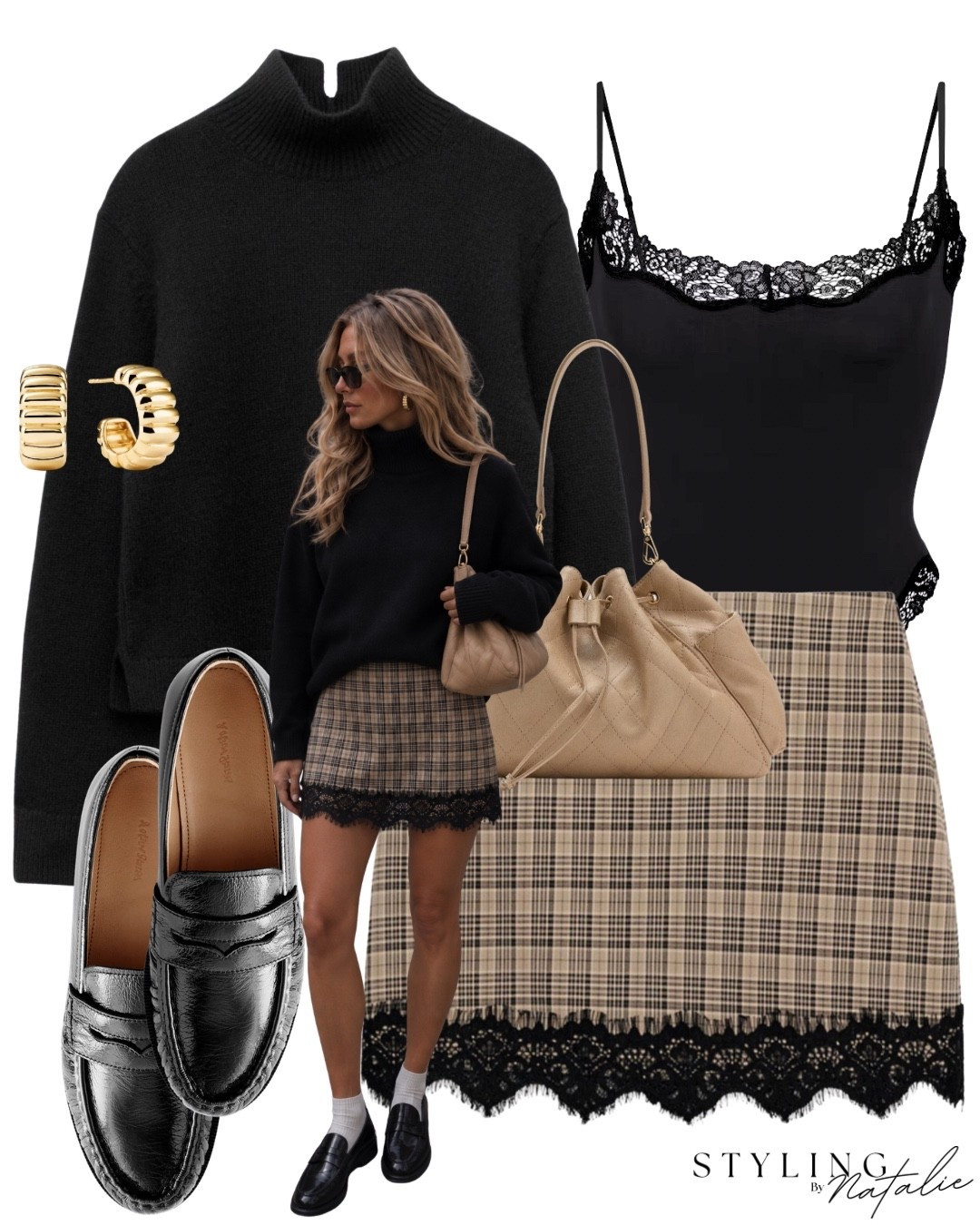 Black knit jumper with funnel neck, checked print skort with lace trim, lace trim Cami bodysuit penny loafers, gold hoop earrings and a quilted leather bag.autumn outfit, fall outfit skirt Zara, casual chic ￼@Mejuri @Zara

#LTKuk #LTKautumn #LTKeurope