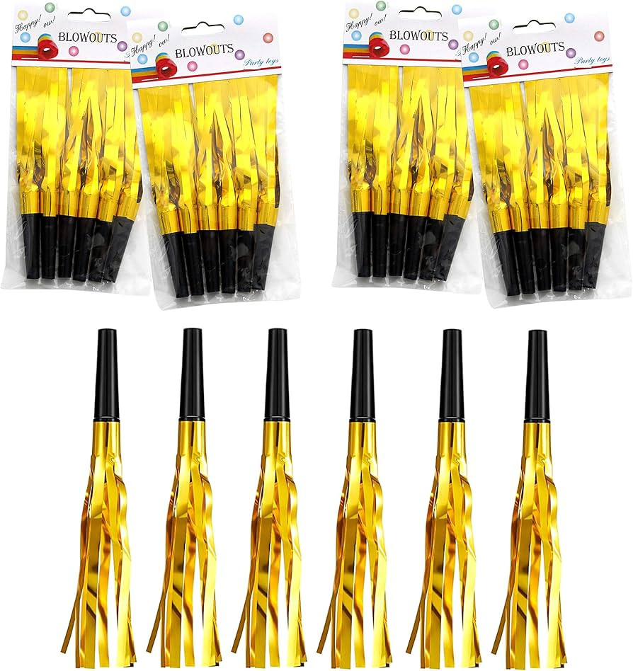 24 Pieces Glitter Metallic Fringed Noise Maker Musical Blowouts, Squawker Whistles Party Noisemak... | Amazon (US)