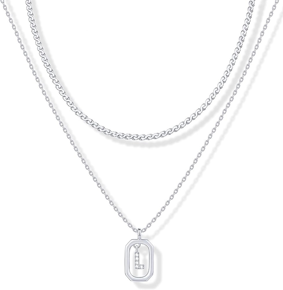PAVOI 14K Gold Plated Cubic Zirconia Letter Pendant Layered Necklace | Framed Initial Letter Cabl... | Amazon (US)