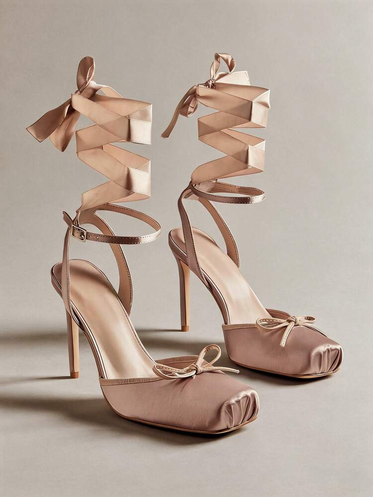 Hauture Zapatos de tac\u00f3n alto con lazo y correa de tobillo decorativa para mujer | SHEIN