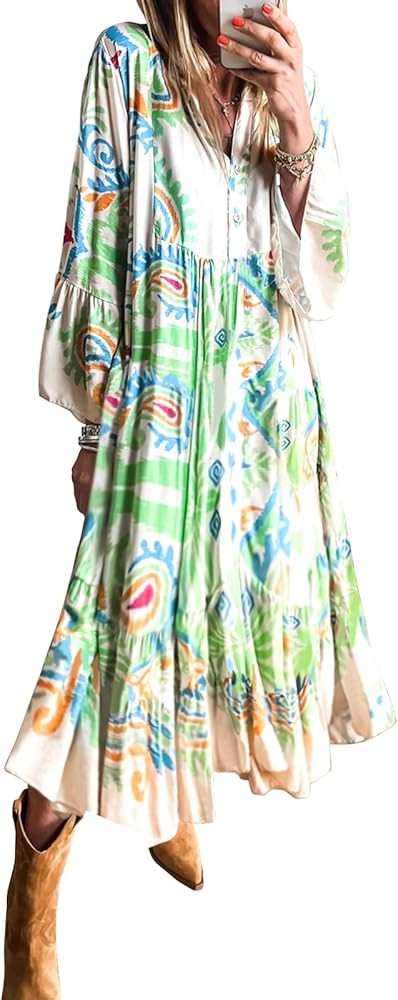 miduo Womens Casual Boho Summer 3/4 Sleeve V Neck Bohemian Tribal Print Flowy Midi Maxi Dresses | Amazon (US)