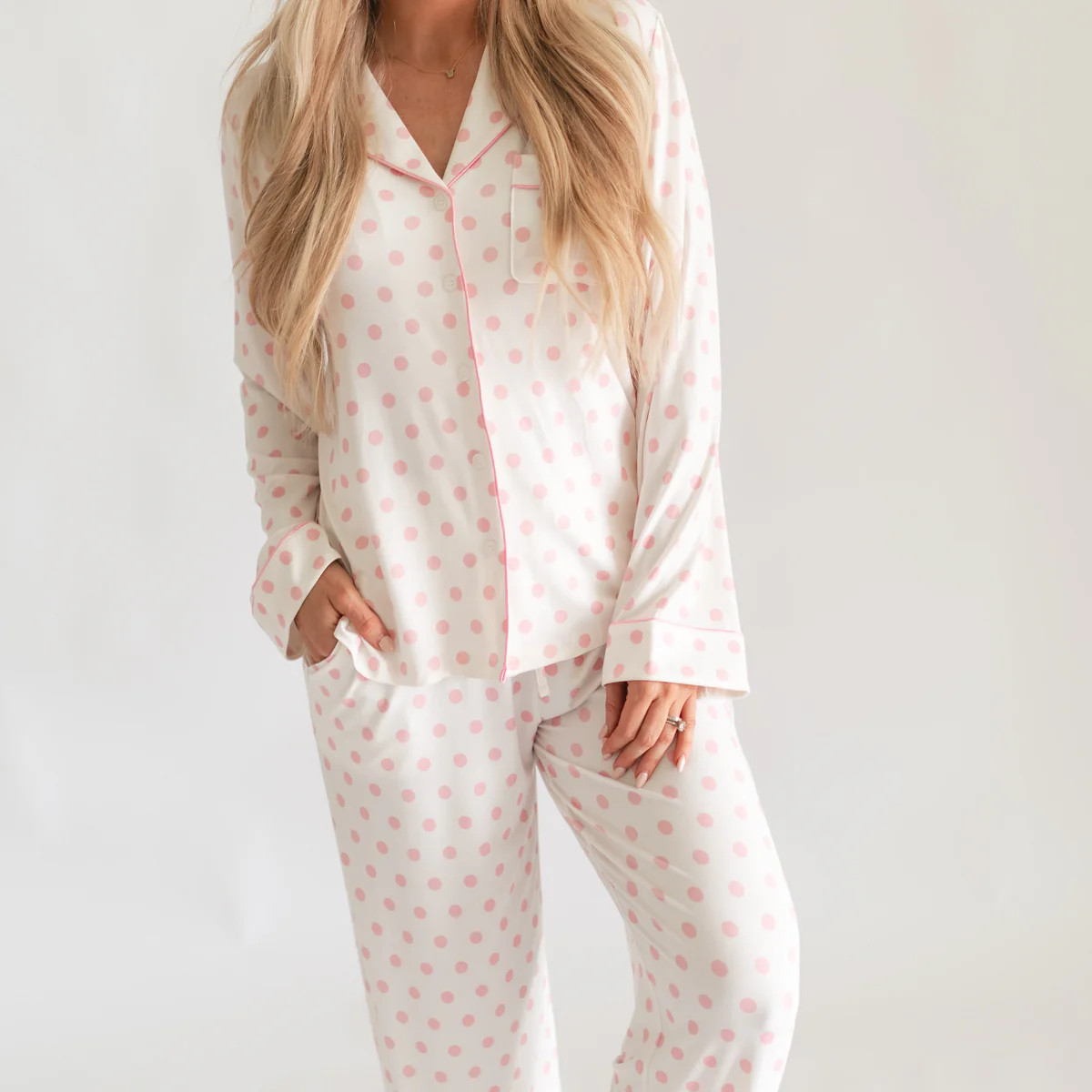 Women's Button Up Set In White & Pink Polka Dot | Silks Design