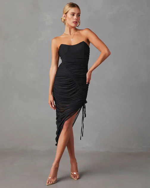 Samba Strapless Ruched Side Tie Midi Dress - Black | VICI