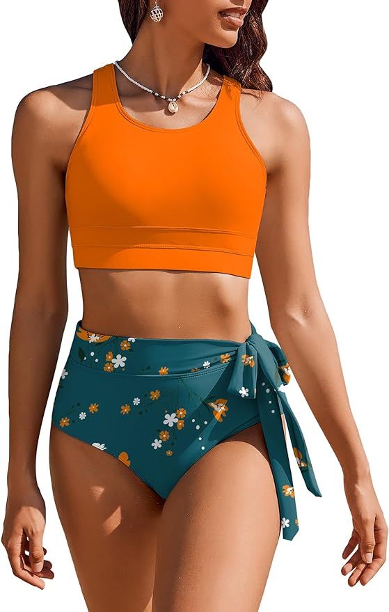 AI'MAGE Women's High Waisted Bikini Set 2 Piece Side Knot Scoop Neck Racerback Swimsuit | Amazon (US)