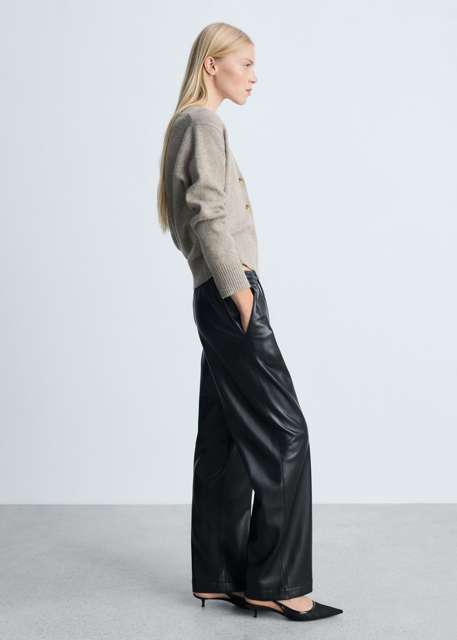 Leather-effect elastic waist trousers - Women | MANGO United Kingdom | MANGO (UK)