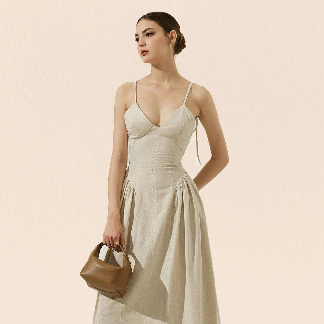 Corset Dress Maxi Linen Dress Thin Straps Pleated Linen Dress Sweetheart Neck A Line Linen Dress ... | Etsy (US)