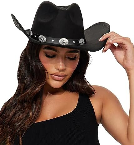 Womens Western Cowboy Hats Studded Pinched Western Cowgirl Hats Wide Brim Fedoras Hat with Belt B... | Amazon (US)
