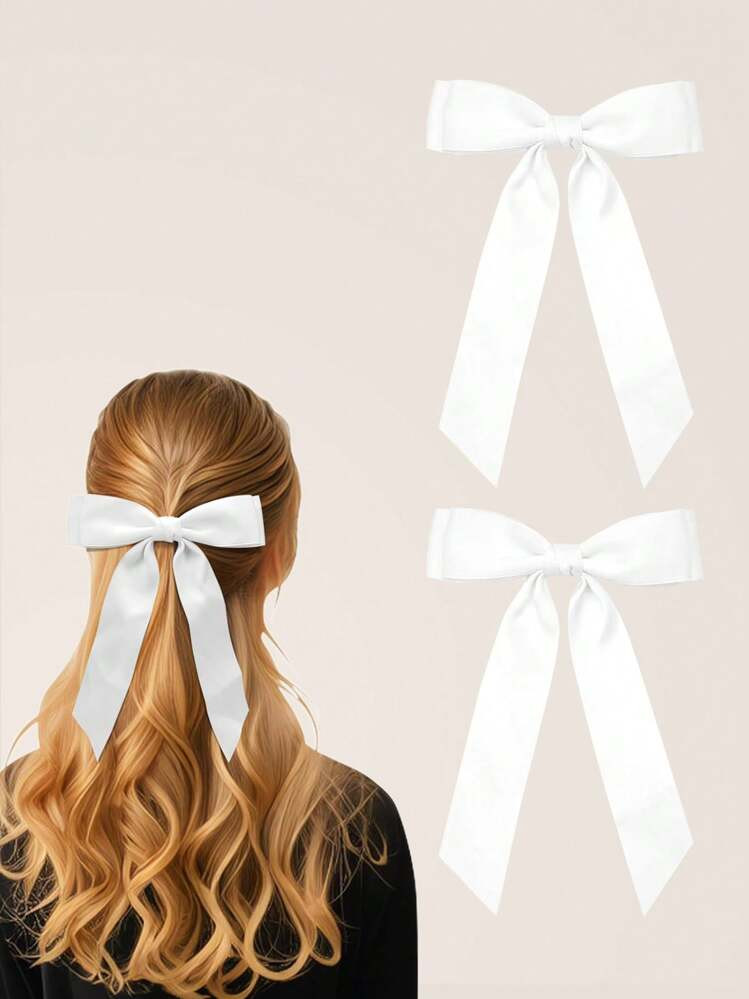 2Pcs Dark Blue Navy White Hair Bows For Girls Long Tail Bow Hair Clip Hair Ribbon Ponytail Holder... | SHEIN