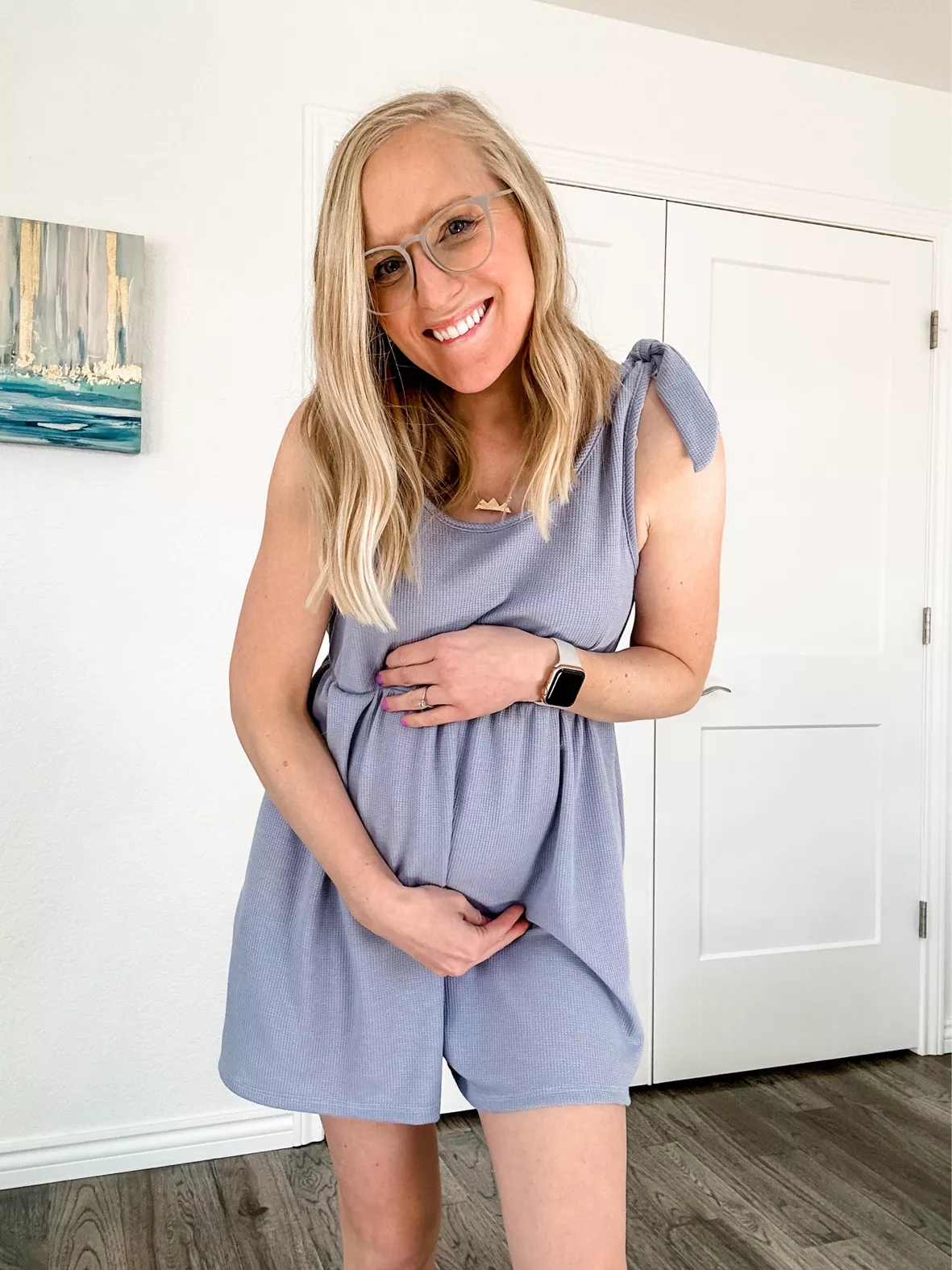 Blue Waffle Knit Shoulder Tie Maternity Romper– PinkBlush