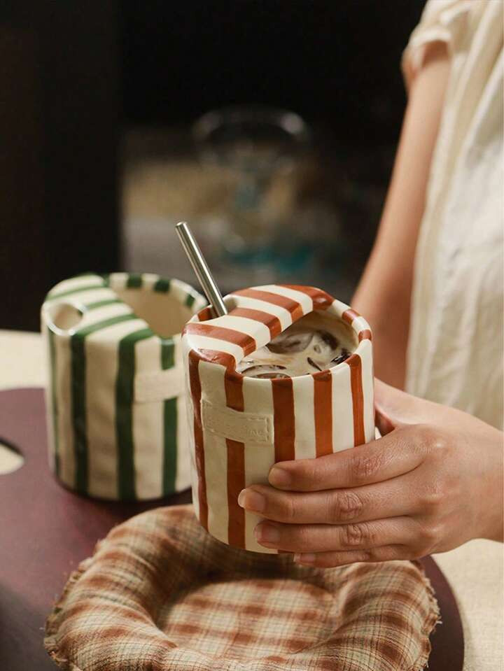 1pc Ins Style Striped Handgrip Coffee Mugs, Cute Girly Highly Attractive Romantic Water/Milk/Latt... | SHEIN