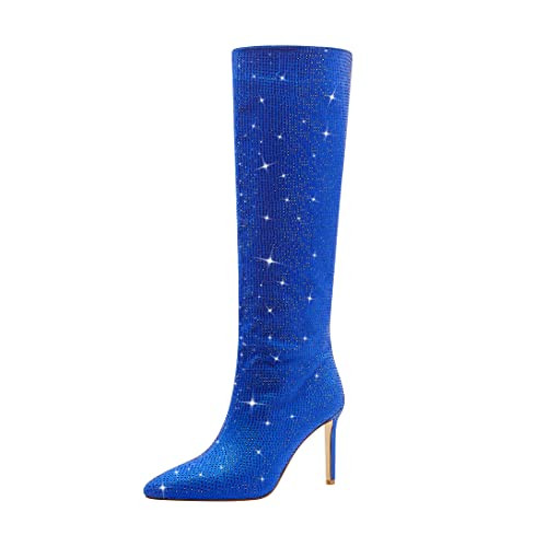 ZeniRuec Knee High Rhinestone Boots Sparkly High Heel Glitter Boots Women Fashion Sparkle Stiletto Boots Pointed Toe Pull on Blue 12 | Amazon (US)