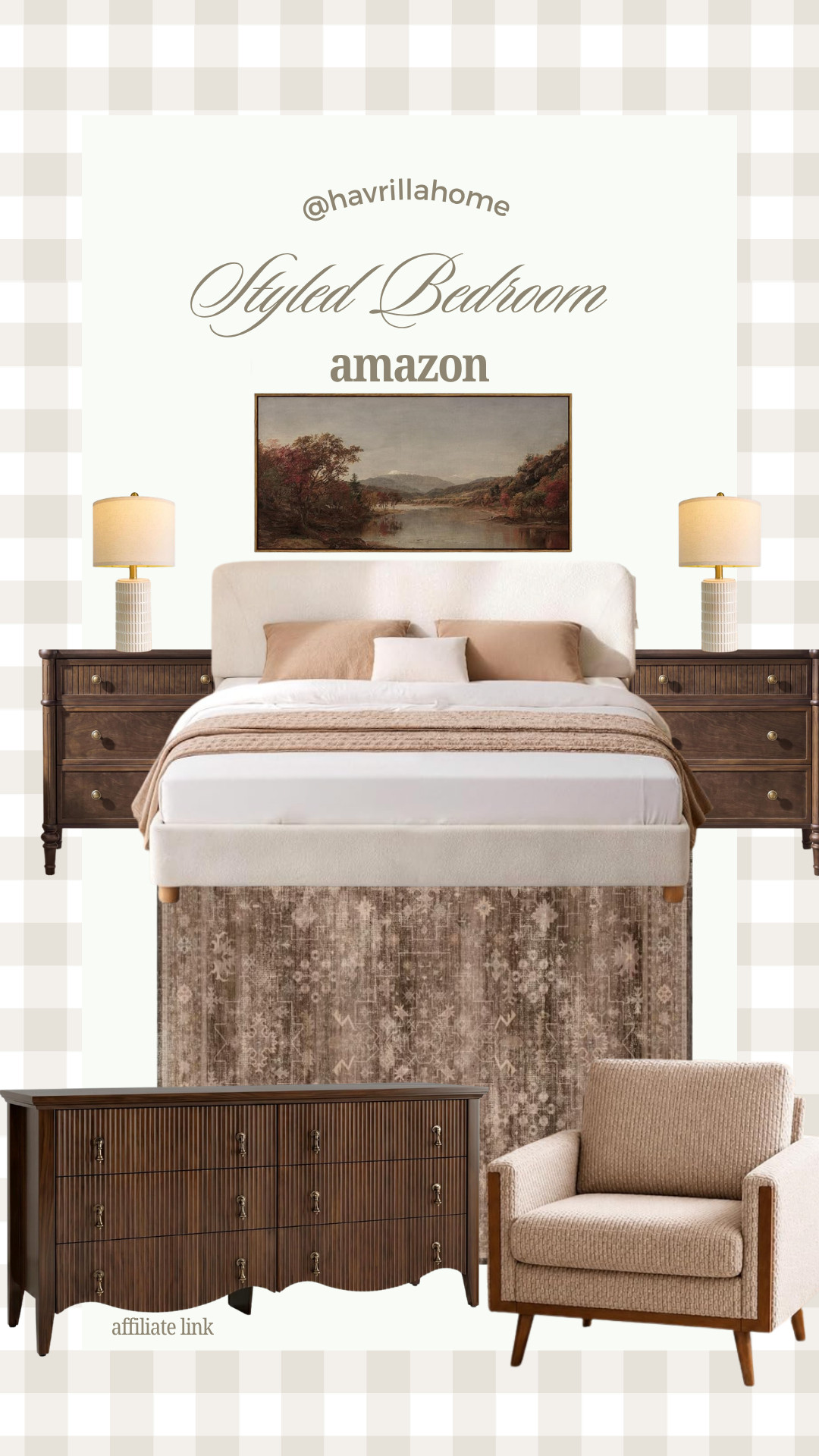 Amazon Styled Bedroom: Amazon bedroom furniture, Amazon bedroom decor, styled bedroom ideas, neutral bedroom inspiration, warm neutral bedroom, brown bedroom furniture, upholstered bed, wood nightstands, bedroom dresser, neutral area rug, cozy bedroom decor, traditional bedroom design, transitional bedroom decor, Amazon home finds, affordable bedroom furniture, designer inspired Amazon finds, cozy neutral bedroom, elevated bedroom styling

#LTKHome
