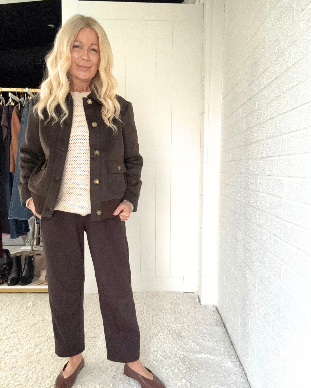 OOTD for 39F school drop off: first time wearing a bomber jacket since probably 1989! 😂 Paired with ivory sweater, square toe ballet flats and baby barrel pants. 🤎 BALLET FLATS RUN A HALF SIZE SMALL!

#LTKSeasonal #LTKOver40 #LTKPetite