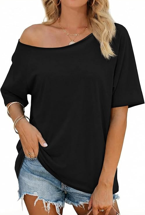 Fisoew Womens Off The Shoulder Tops Oversized Short Sleeve T-Shirts 2026 Summer Spring Casual Fas... | Amazon (US)