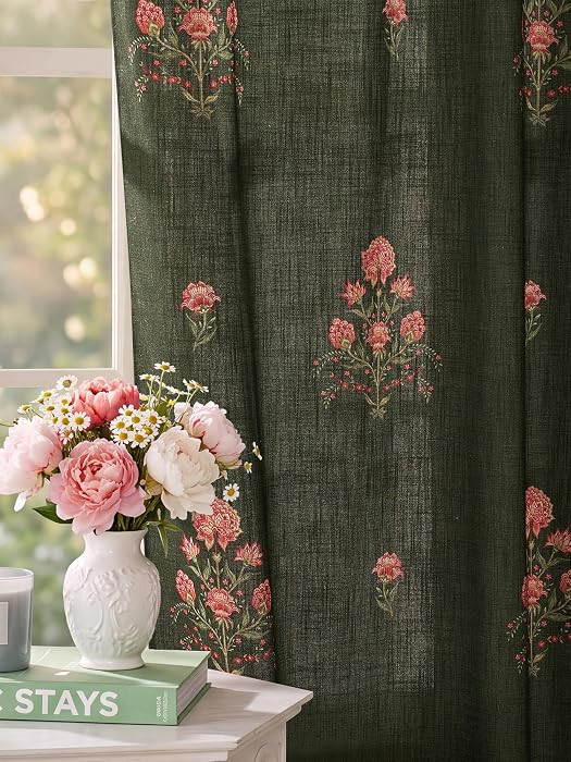NICETOWN Block Print Forest Green Floral Curtains for Living Room 52Wx84L | Amazon (US)
