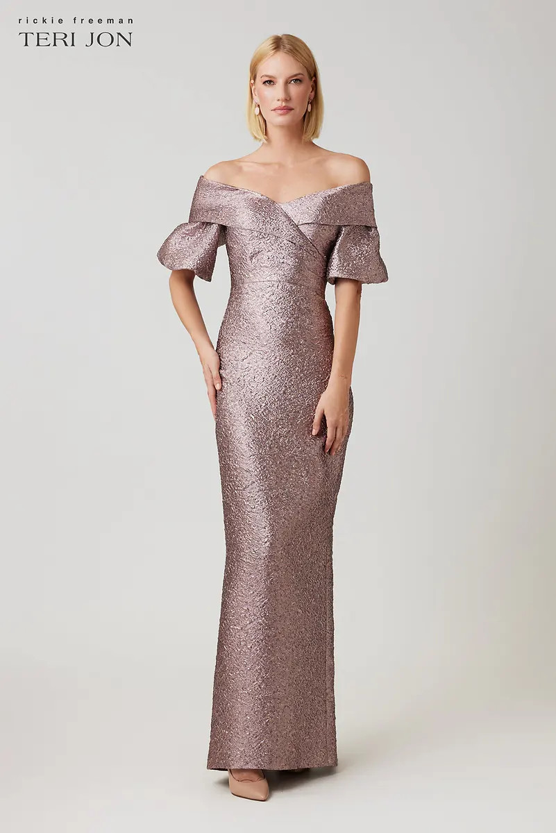 Metallic Jacquard Off Shoulder Puff Sleeve Gown | TERI JON