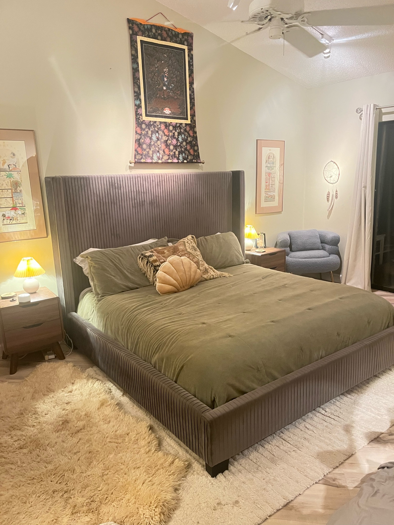 Bedroom cozy!! Some of this is custom art or antique shop finds + sheep skins . Absolutely loving our linen sheets and grounding sheet! 

#LTKFindsUnder50 #LTKFamily #LTKHome