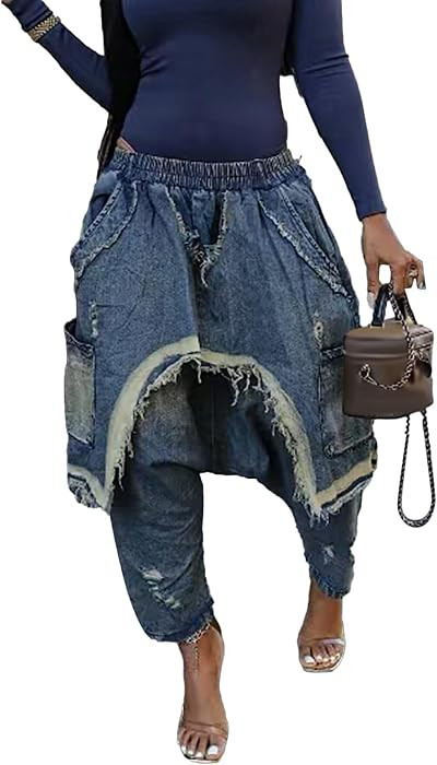 Women's Denim Harem Pants, Patchwork Ripped Barrel Jeans with Elastic Waist, Loose Stretchy with ... | Amazon (US)