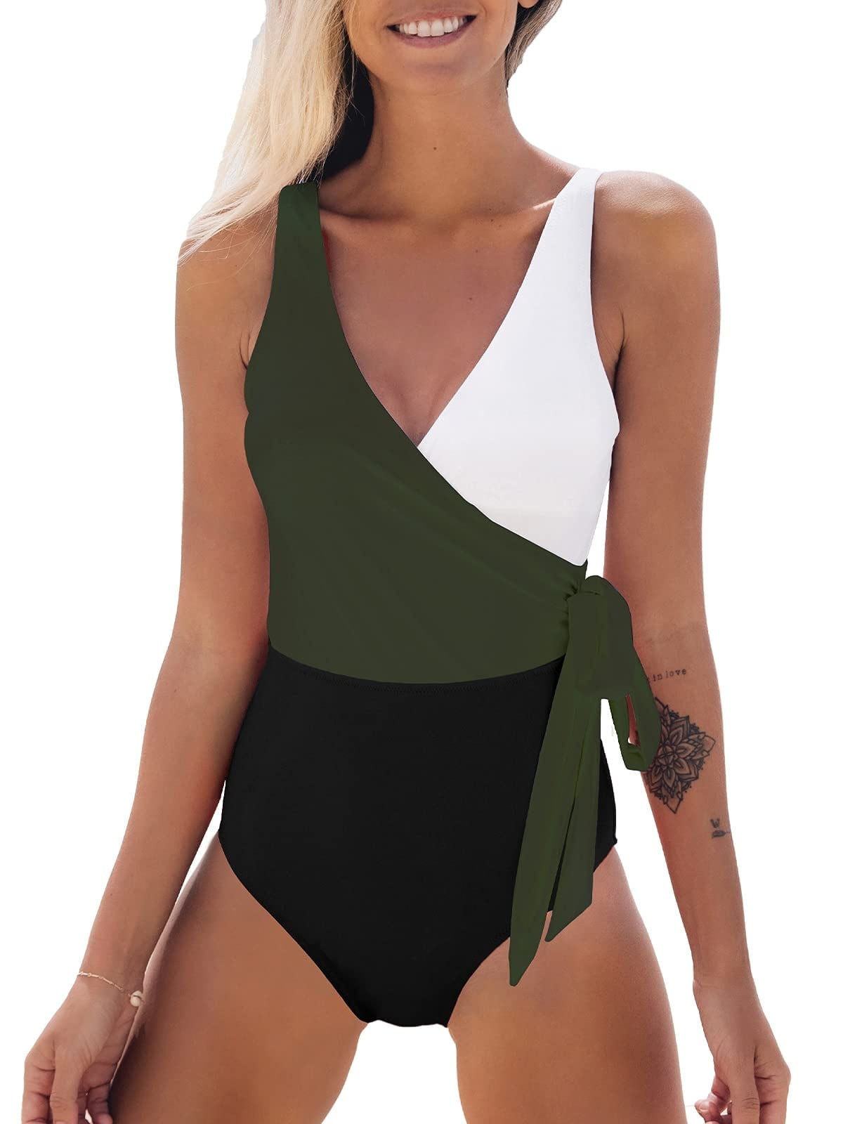 Cupshe Women's One Piece Swimsuit Wrap Color Block Tie Side Bathing Suit Green | Walmart (US)