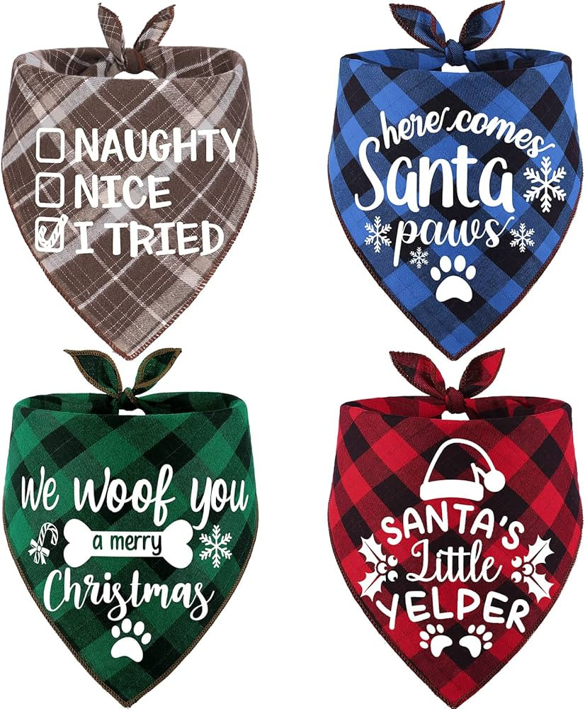 4 Pack Christmas Dog Scarves - Plaid Triangle Bandanas for Small to Large Dogs and Cats - Holiday... | Amazon (US)