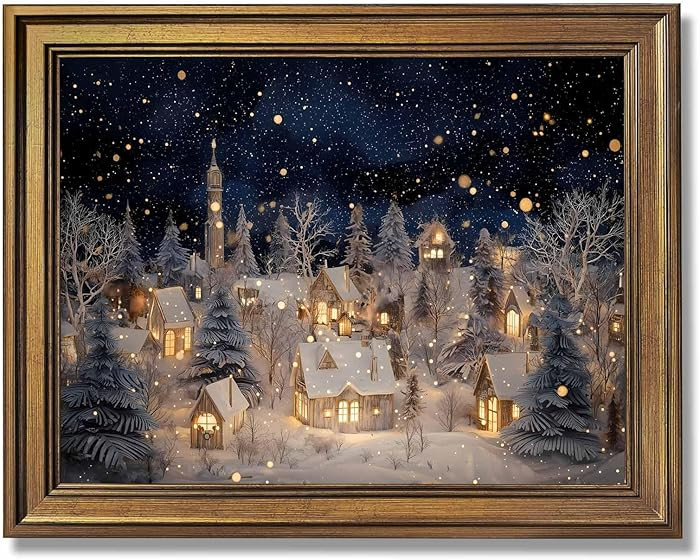 Gold Framed Vintage Winter Village Wall Art Cozy Snowy Christmas Town Landscape Canvas Poster Pri... | Amazon (US)